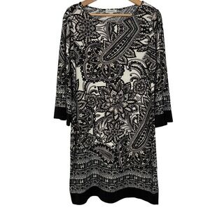 Dressbarn Womens Black Paisley Print 3/4 Bell Sleeve Dress Size 8 Shift Dress‎
